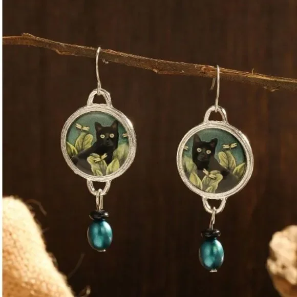 Black Cat Dragonfly Earrings Nature Boho Dangle Teal Bead Animal Lover Earrings - Picture 2 of 10
